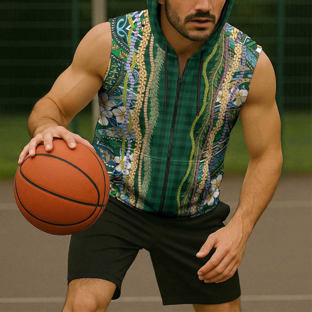 Hawaiian Art Flower Tribal with Lei Sleeveless Zip Hoodie Palaka Pattern Green Color - Polynesian Pride