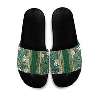 Hawaiian Art Flower Tribal with Lei Slide Sandals Palaka Pattern Green Color - Polynesian Pride
