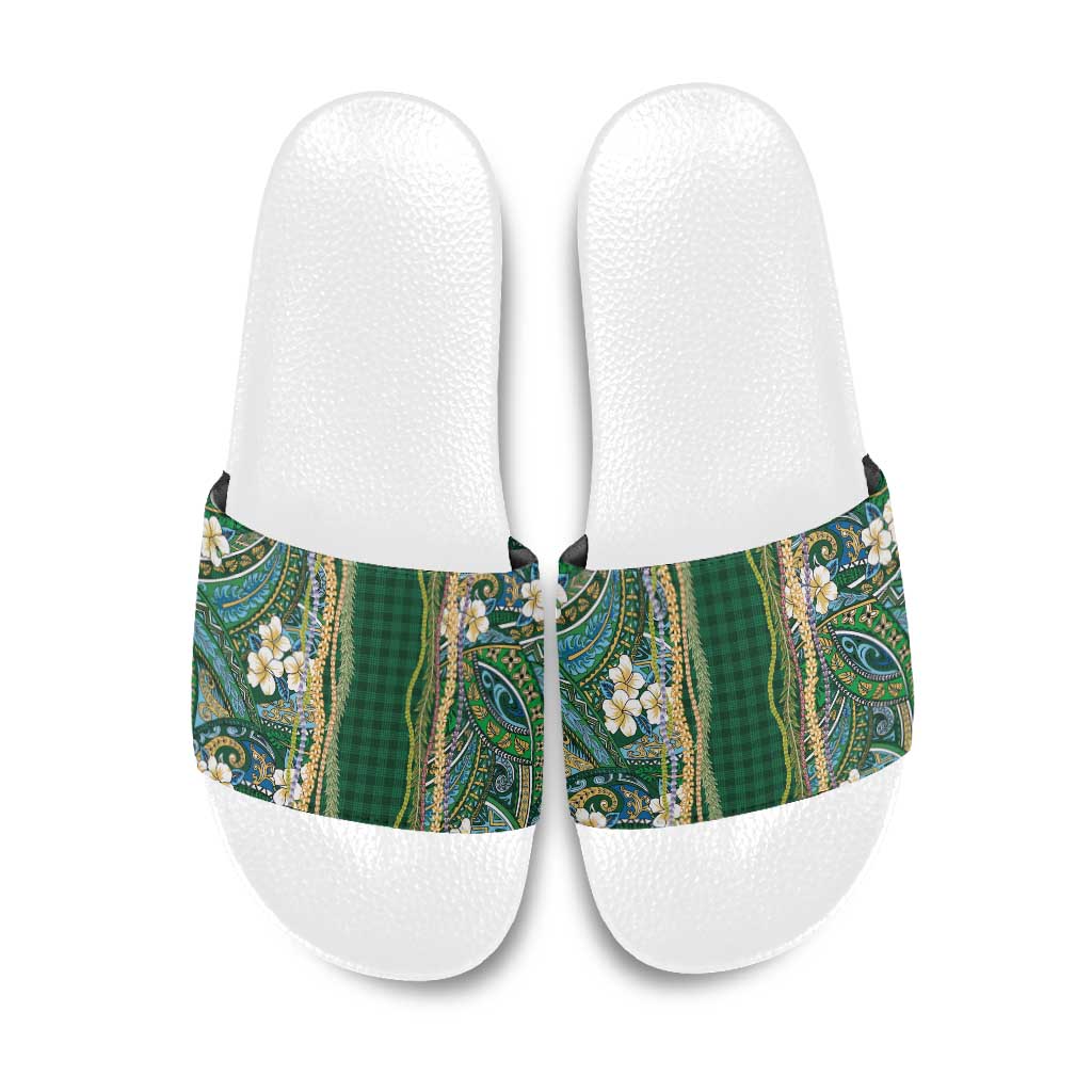 Hawaiian Art Flower Tribal with Lei Slide Sandals Palaka Pattern Green Color - Polynesian Pride