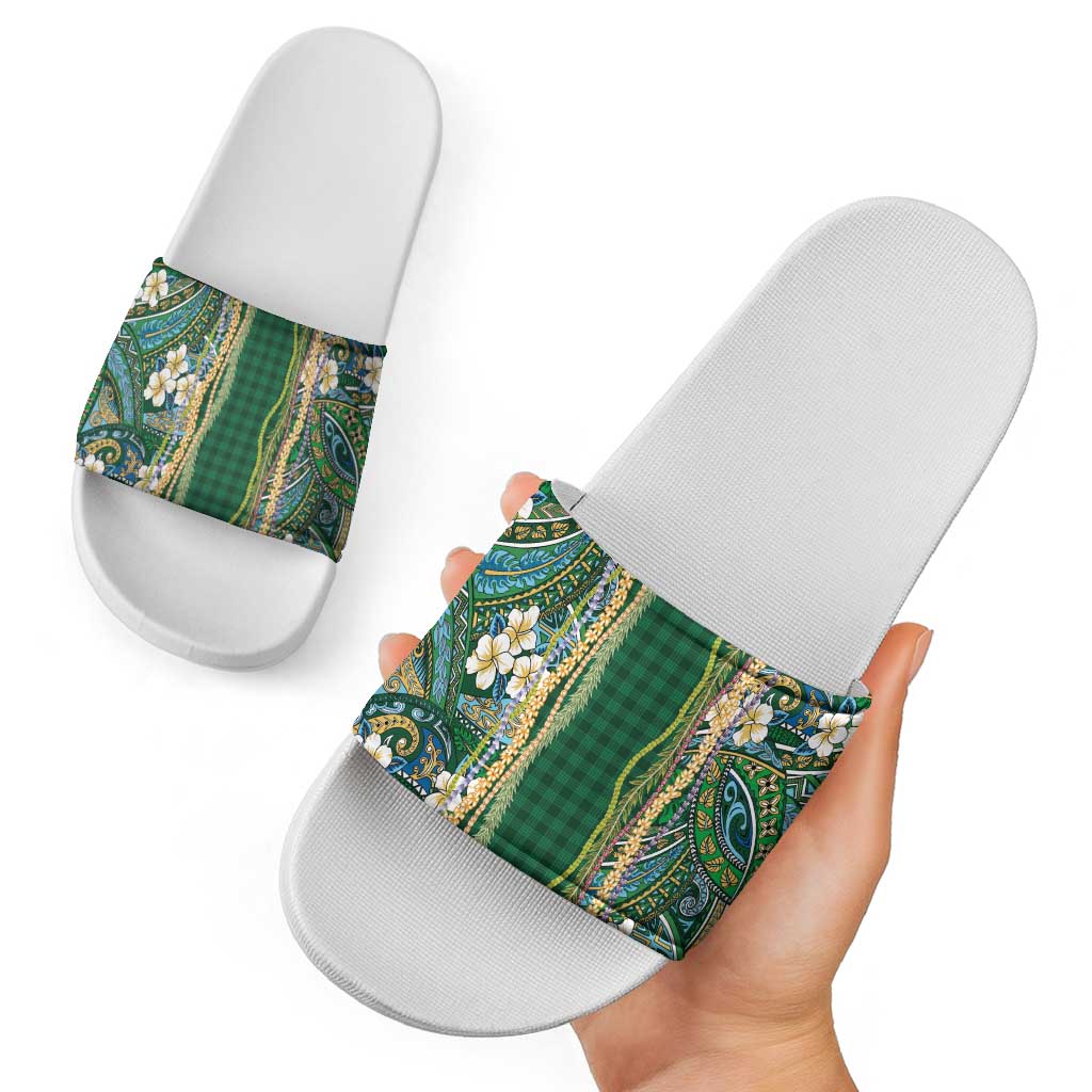 Hawaiian Art Flower Tribal with Lei Slide Sandals Palaka Pattern Green Color - Polynesian Pride