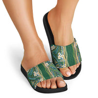 Hawaiian Art Flower Tribal with Lei Slide Sandals Palaka Pattern Green Color - Polynesian Pride