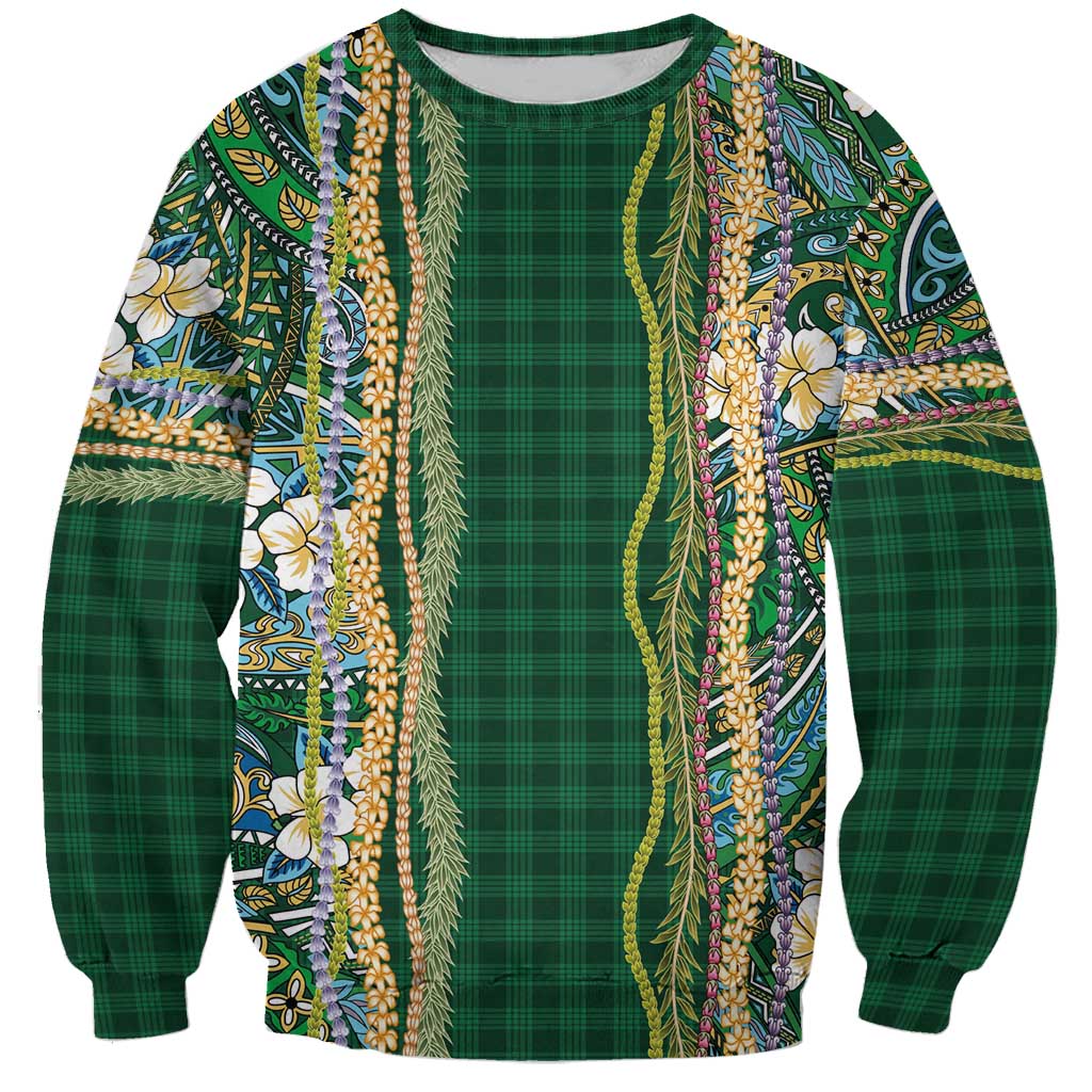 Hawaiian Art Flower Tribal with Lei Sweatshirt Palaka Pattern Green Color LT03 Unisex Green - Polynesian Pride