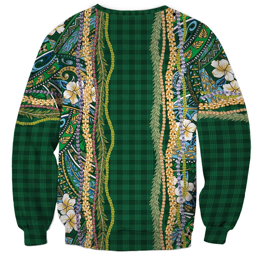 Hawaiian Art Flower Tribal with Lei Sweatshirt Palaka Pattern Green Color LT03 - Polynesian Pride