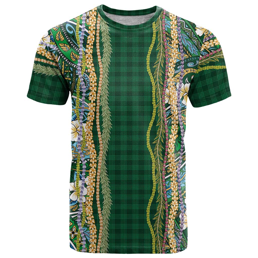 Hawaiian Art Flower Tribal with Lei T Shirt Palaka Pattern Green Color - Polynesian Pride