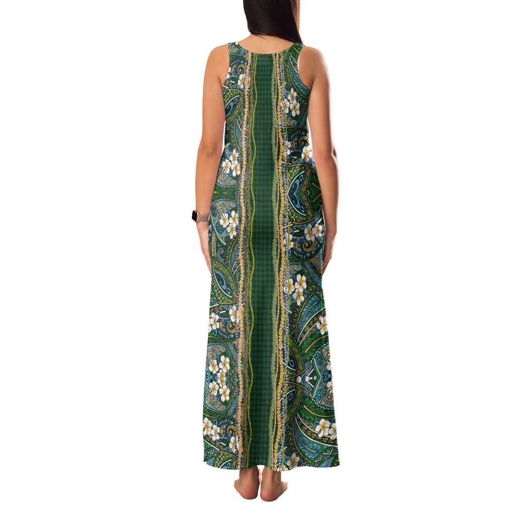 Hawaiian Art Flower Tribal with Lei Tank Maxi Dress Palaka Pattern Green Color - Polynesian Pride
