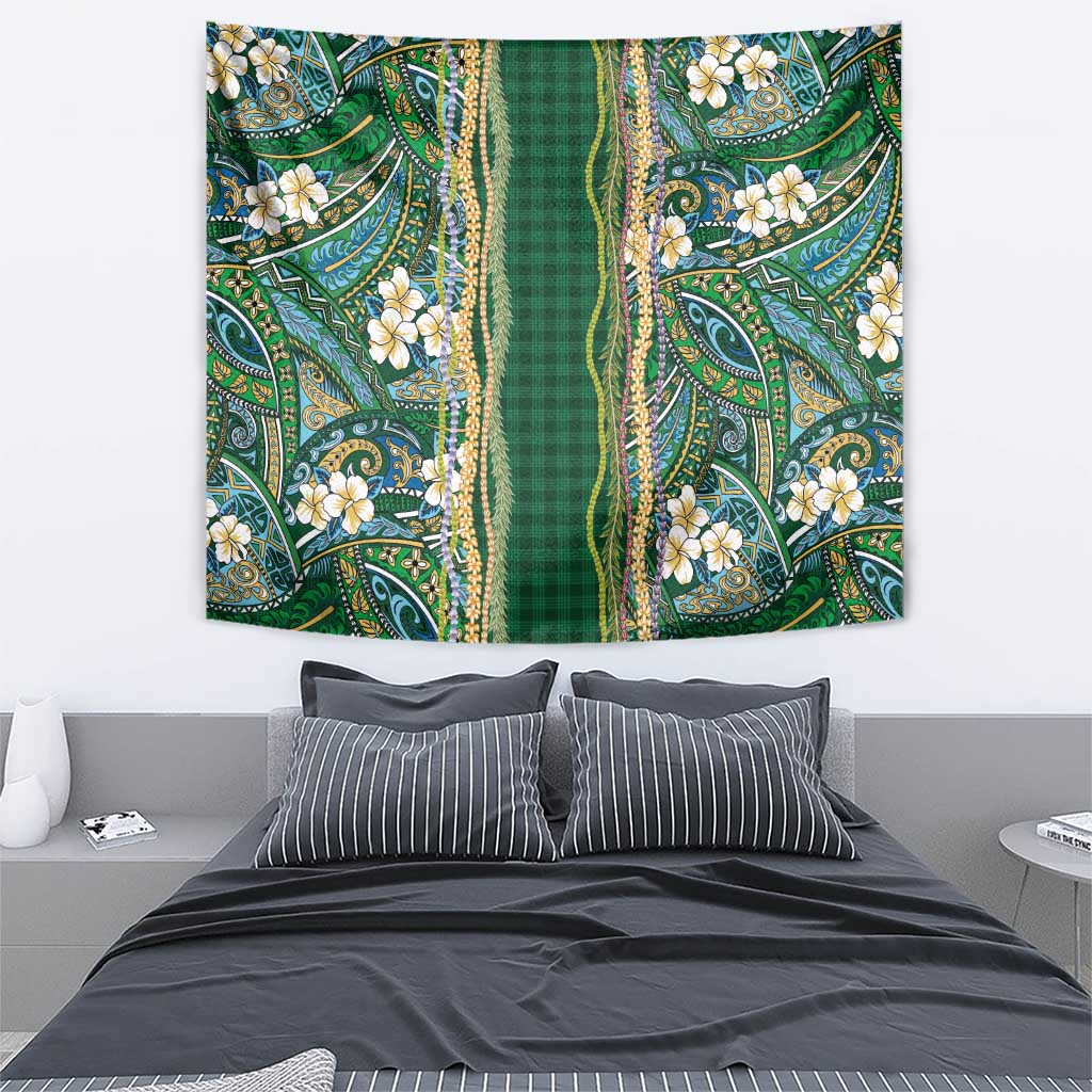 Hawaiian Art Flower Tribal with Lei Tapestry Palaka Pattern Green Color - Polynesian Pride