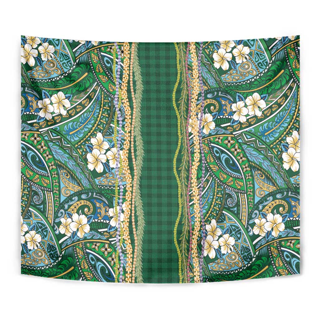 Hawaiian Art Flower Tribal with Lei Tapestry Palaka Pattern Green Color - Polynesian Pride