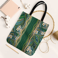 Hawaiian Art Flower Tribal with Lei Tote Bag Palaka Pattern Green Color - Polynesian Pride