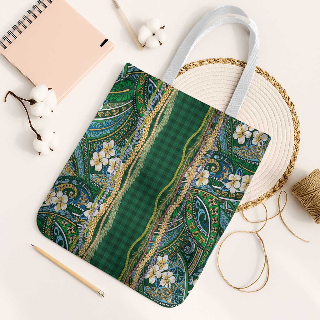 Hawaiian Art Flower Tribal with Lei Tote Bag Palaka Pattern Green Color - Polynesian Pride