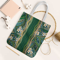 Hawaiian Art Flower Tribal with Lei Tote Bag Palaka Pattern Green Color - Polynesian Pride