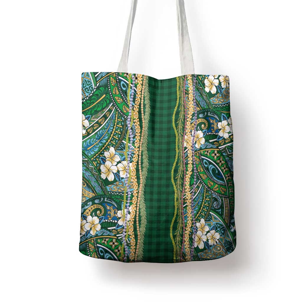 Hawaiian Art Flower Tribal with Lei Tote Bag Palaka Pattern Green Color - Polynesian Pride