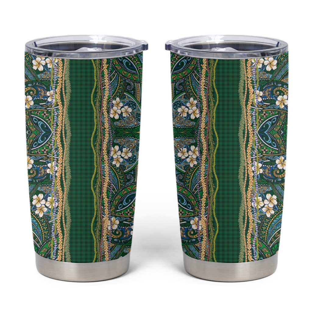 Hawaiian Art Flower Tribal with Lei Tumbler Cup Palaka Pattern Green Color - Polynesian Pride