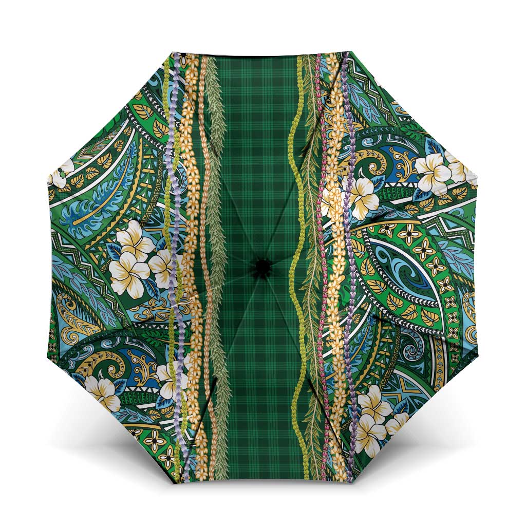 Hawaiian Art Flower Tribal with Lei Umbrella Palaka Pattern Green Color LT03 One Size Folded 11.42 inch Opened Diameter 37.4 inch Green - Polynesian Pride