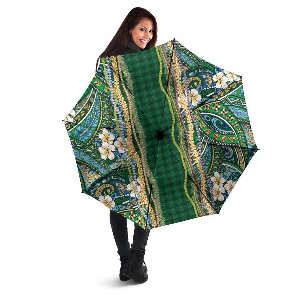 Hawaiian Art Flower Tribal with Lei Umbrella Palaka Pattern Green Color LT03 - Polynesian Pride