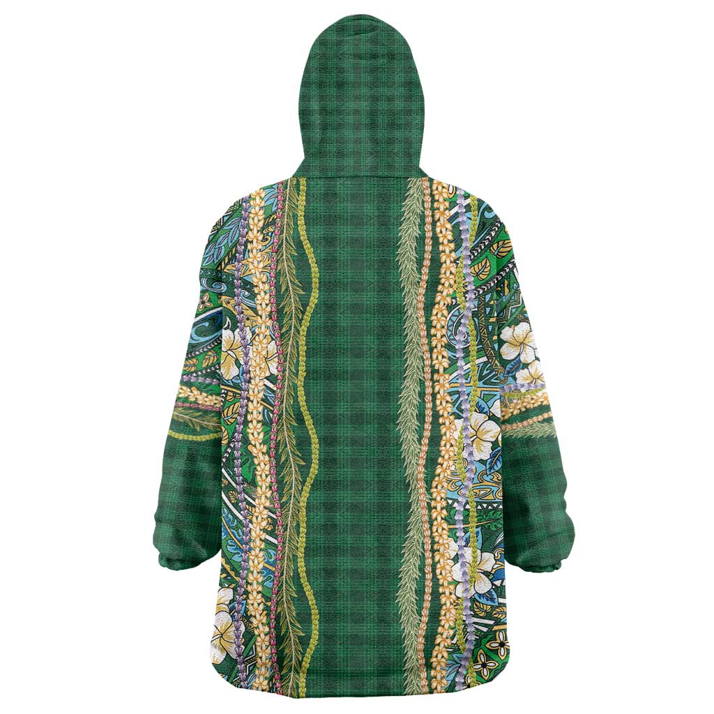 Hawaiian Art Flower Tribal with Lei Wearable Blanket Hoodie Palaka Pattern Green Color LT03 - Polynesian Pride