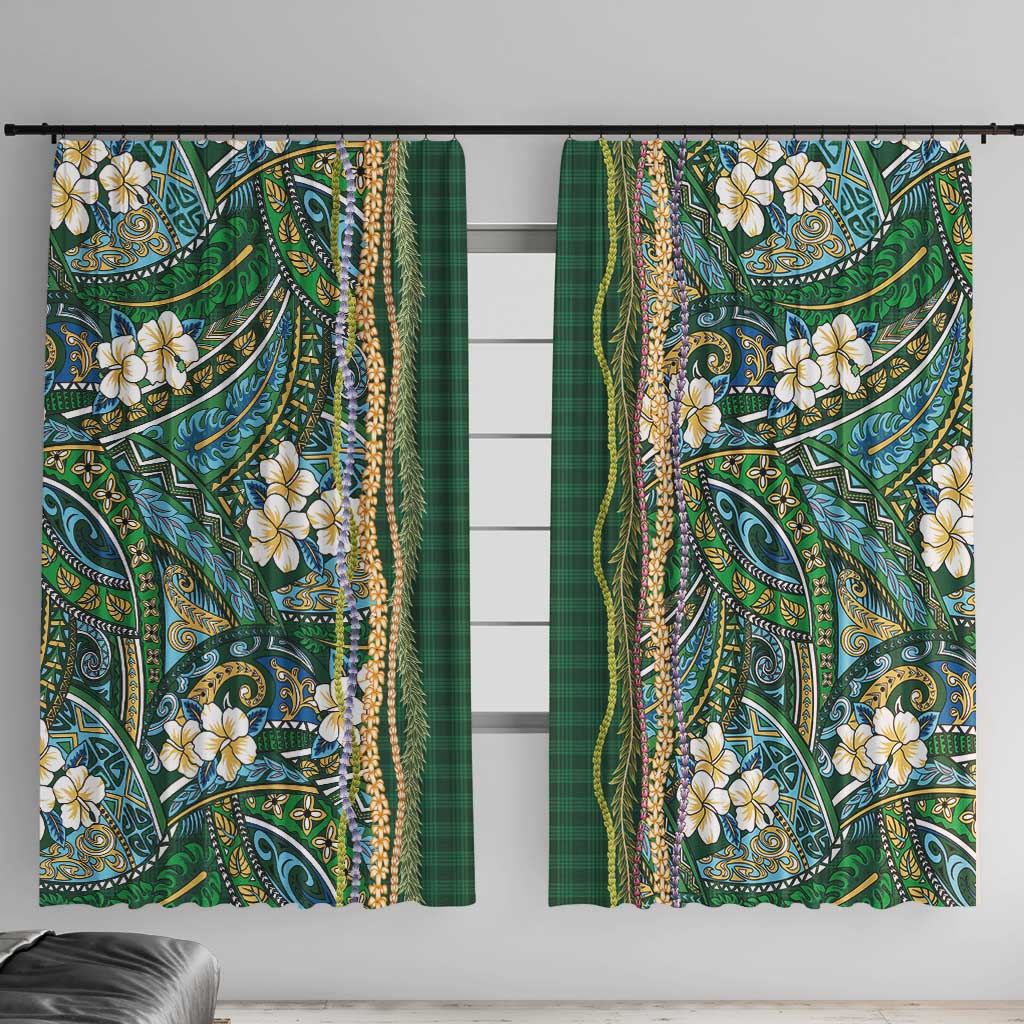 Hawaiian Art Flower Tribal with Lei Window Curtain Palaka Pattern Green Color - Polynesian Pride