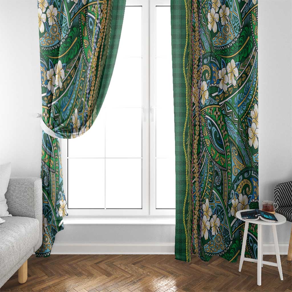 Hawaiian Art Flower Tribal with Lei Window Curtain Palaka Pattern Green Color - Polynesian Pride