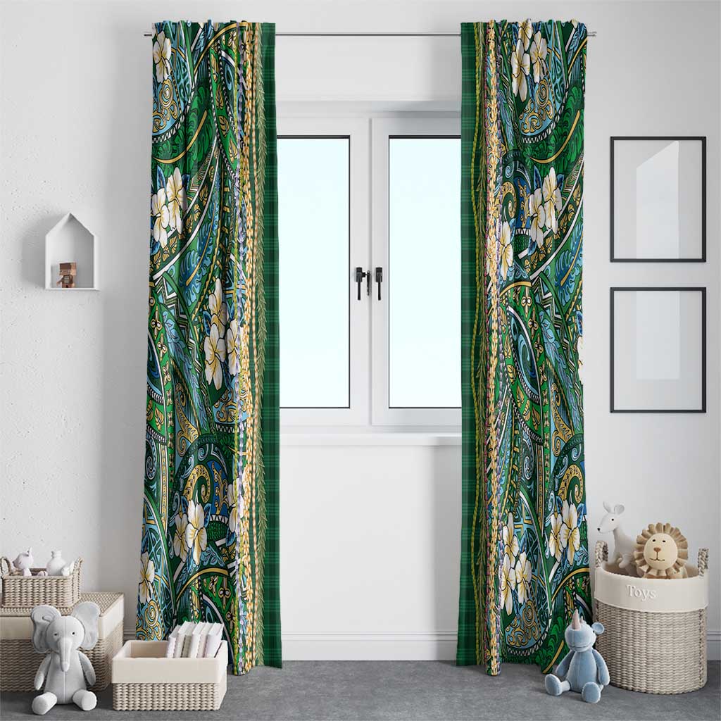 Hawaiian Art Flower Tribal with Lei Window Curtain Palaka Pattern Green Color - Polynesian Pride
