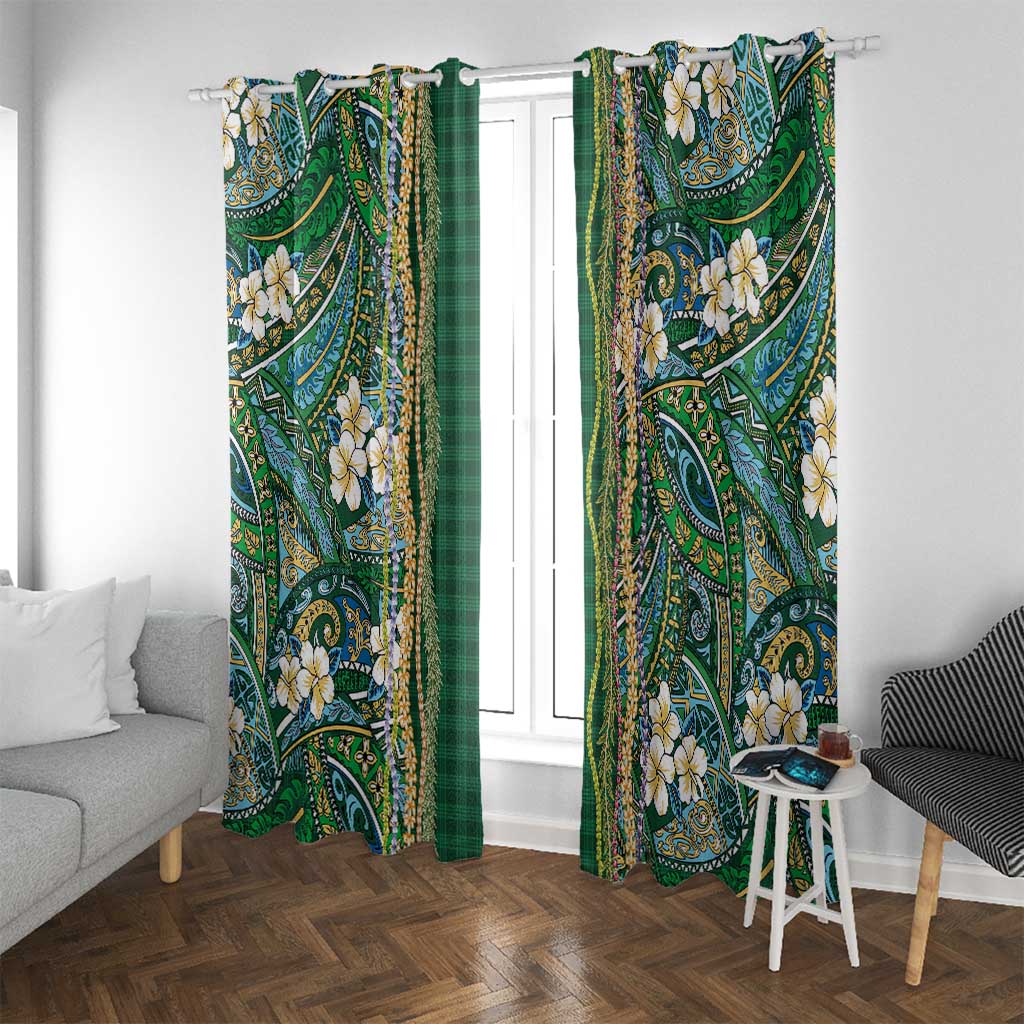 Hawaiian Art Flower Tribal with Lei Window Curtain Palaka Pattern Green Color - Polynesian Pride