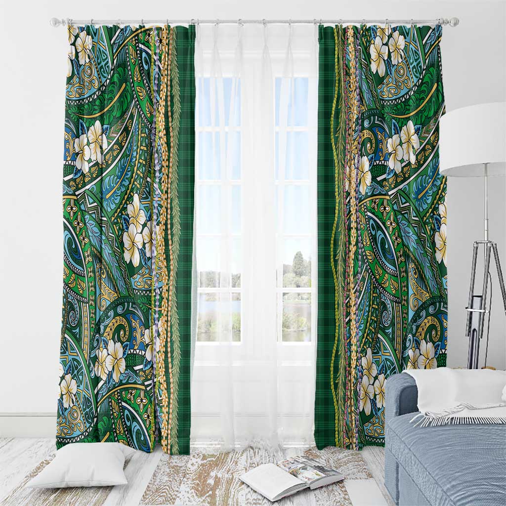 Hawaiian Art Flower Tribal with Lei Window Curtain Palaka Pattern Green Color - Polynesian Pride