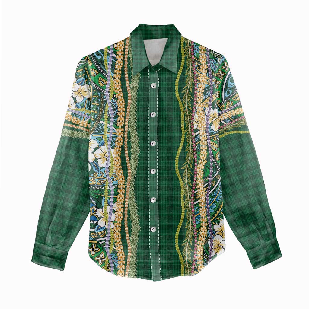 Hawaiian Art Flower Tribal with Lei Women Casual Shirt Palaka Pattern Green Color - Polynesian Pride
