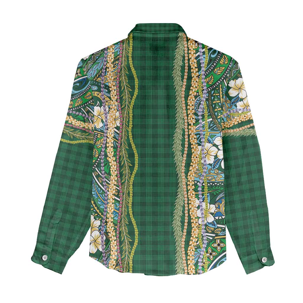 Hawaiian Art Flower Tribal with Lei Women Casual Shirt Palaka Pattern Green Color - Polynesian Pride