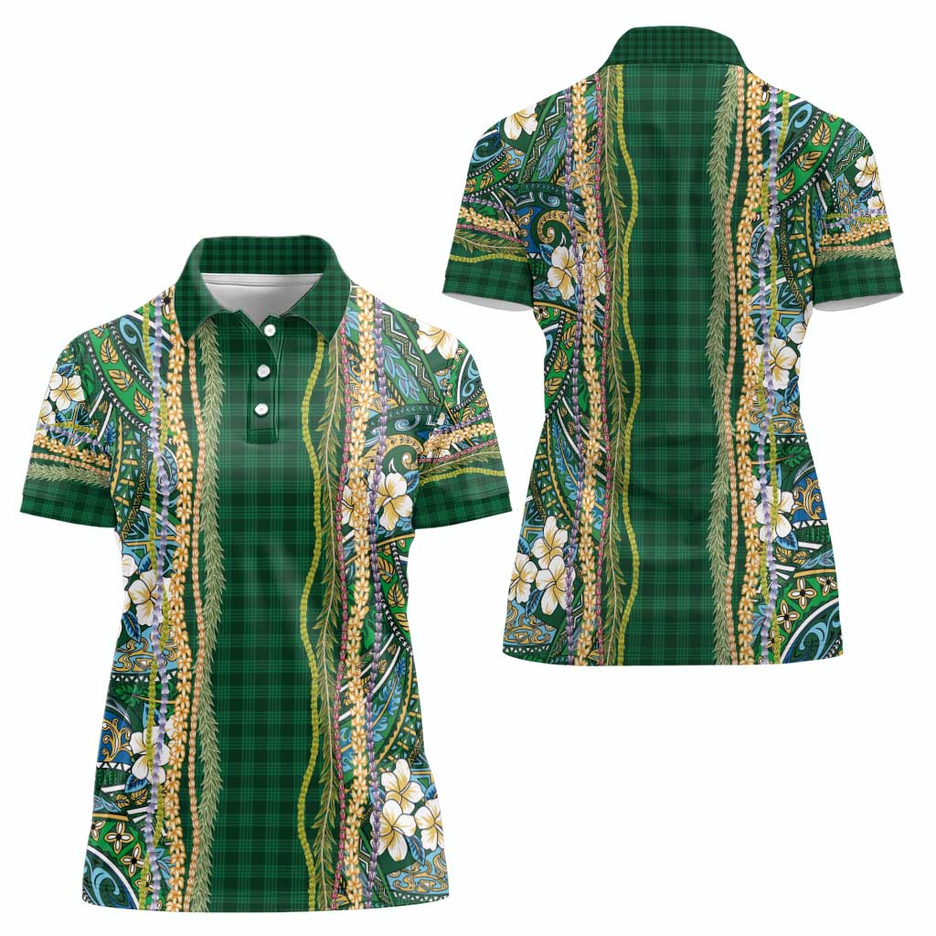 Hawaiian Art Flower Tribal with Lei Women Polo Shirt Palaka Pattern Green Color - Polynesian Pride