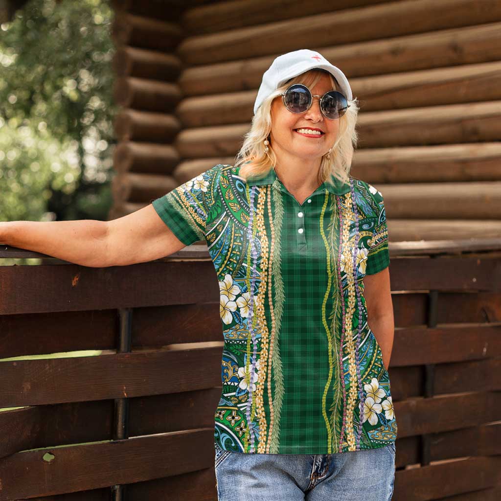 Hawaiian Art Flower Tribal with Lei Women Polo Shirt Palaka Pattern Green Color - Polynesian Pride