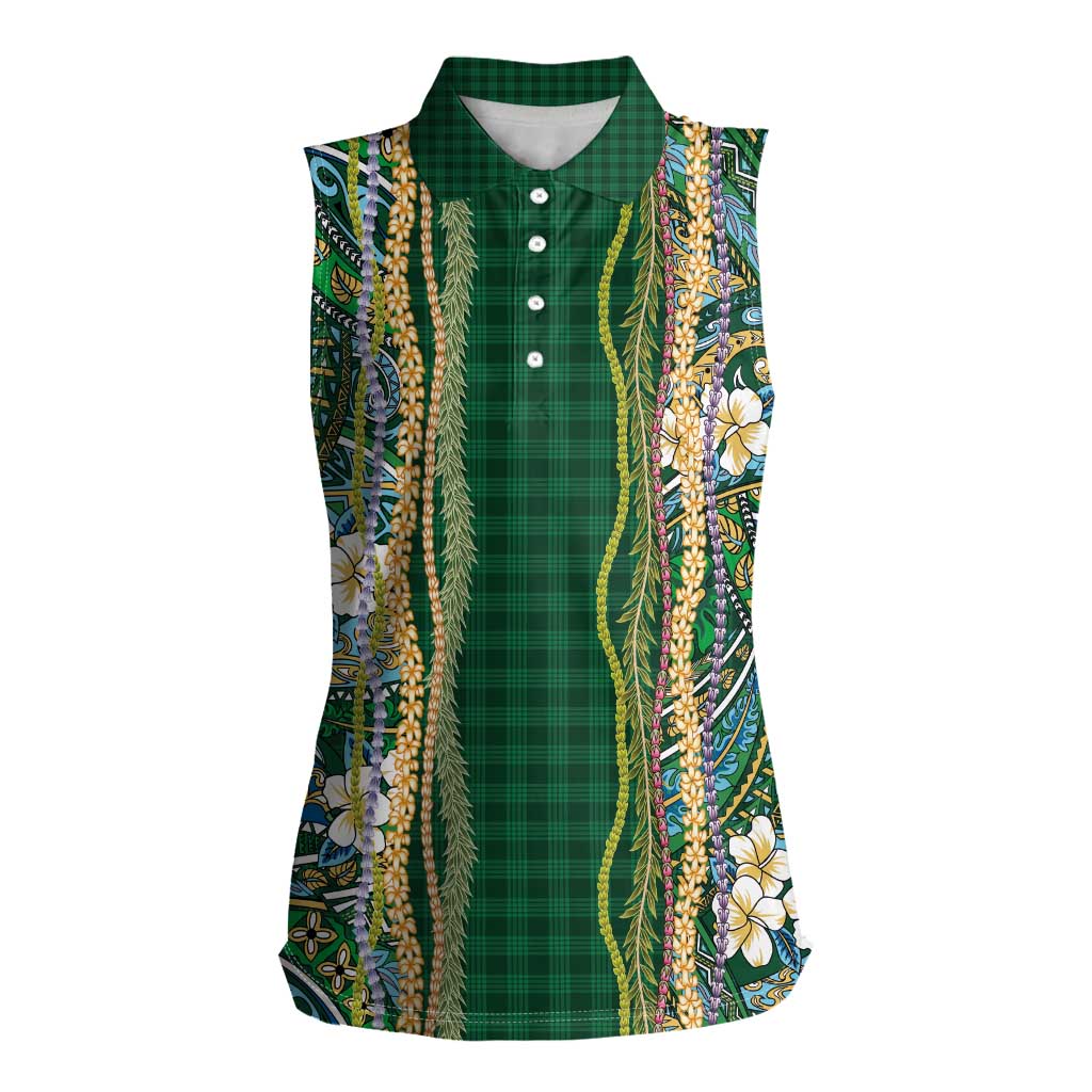 Hawaiian Art Flower Tribal with Lei Women Sleeveless Polo Shirt Palaka Pattern Green Color LT03 Female Green - Polynesian Pride