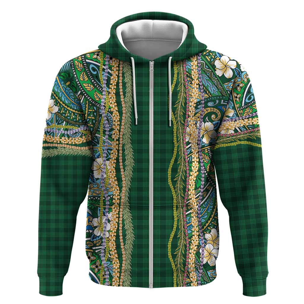 Hawaiian Art Flower Tribal with Lei Zip Hoodie Palaka Pattern Green Color LT03 Zip Hoodie Green - Polynesian Pride