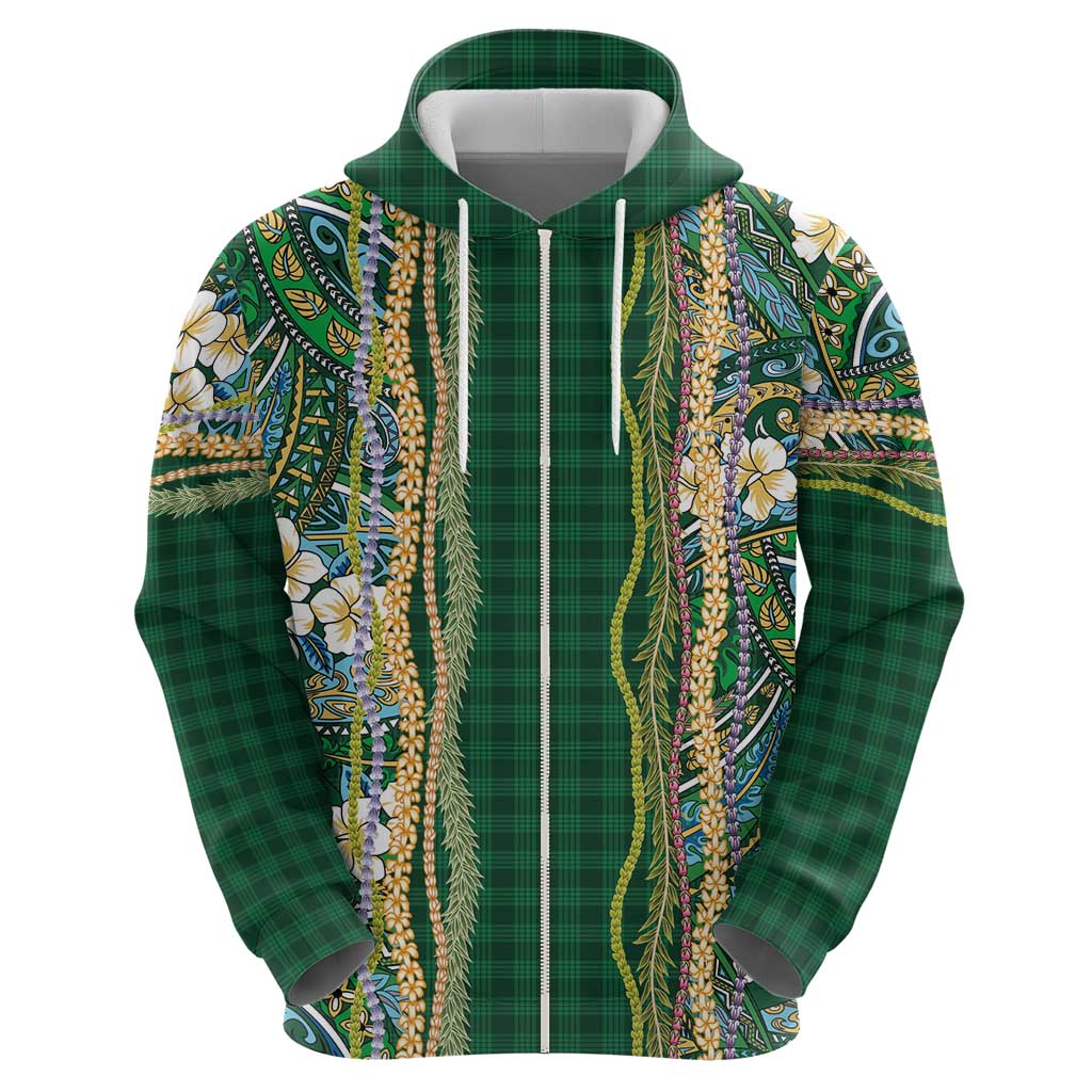 Hawaiian Art Flower Tribal with Lei Zip Hoodie Palaka Pattern Green Color LT03 - Polynesian Pride