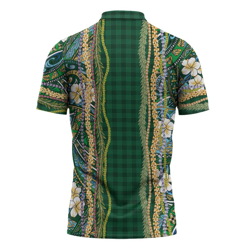 Hawaiian Art Flower Tribal with Lei Zipper Polo Shirt Palaka Pattern Green Color - Polynesian Pride