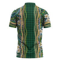 Hawaiian Art Flower Tribal with Lei Zipper Polo Shirt Palaka Pattern Green Color - Polynesian Pride