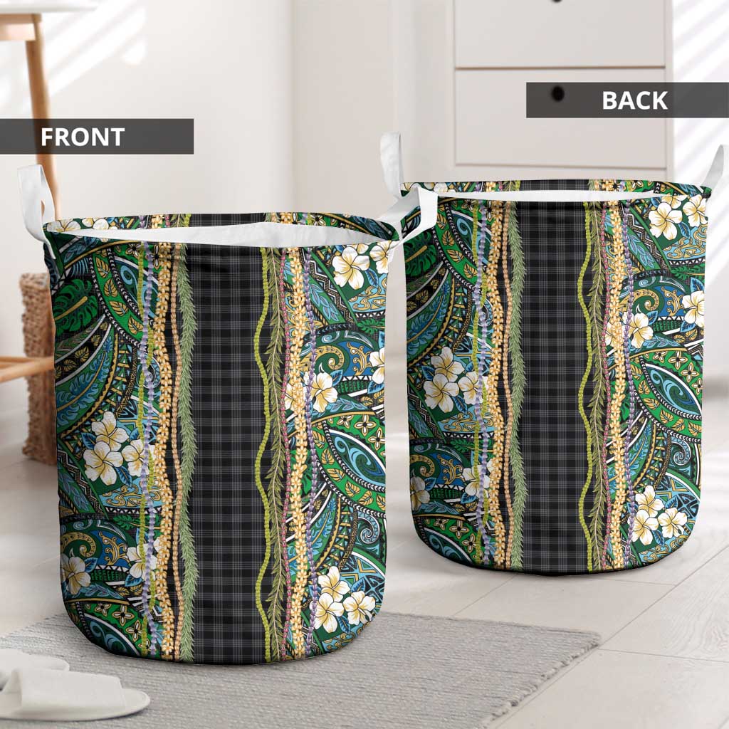 Hawaiian Art Flower Tribal with Lei Laundry Basket Palaka Pattern Black Color LT03 - Polynesian Pride