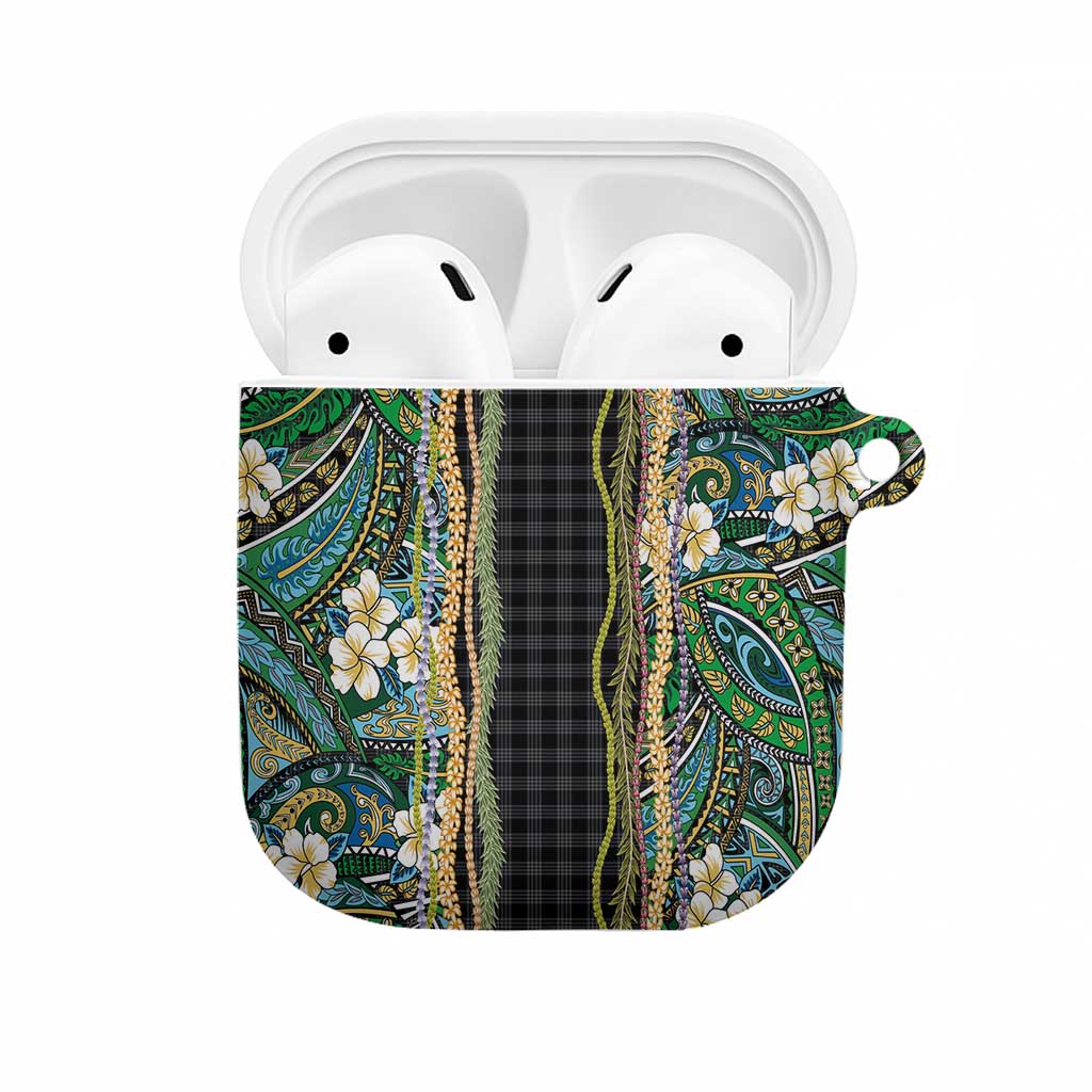 Hawaiian Art Flower Tribal with Lei AirPods Case Palaka Pattern Black Color - Polynesian Pride