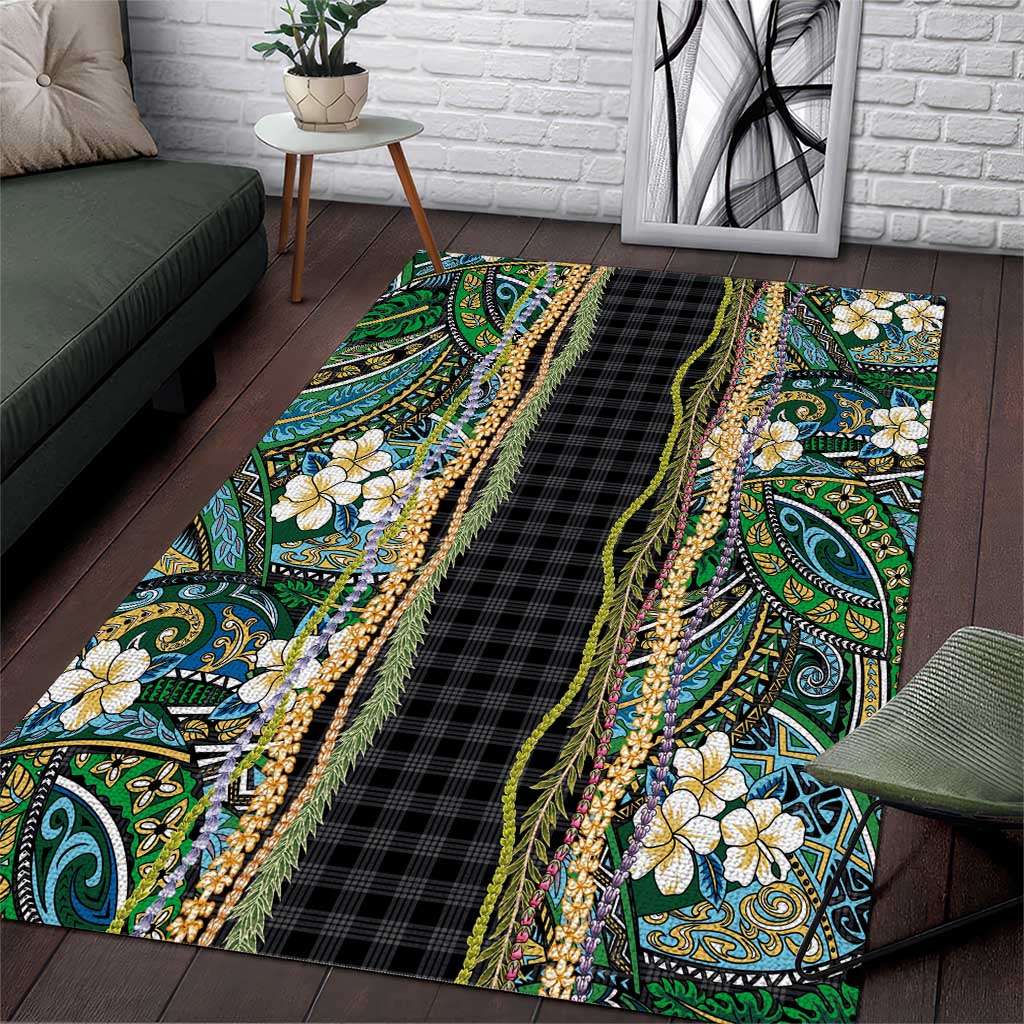 Hawaiian Art Flower Tribal with Lei Area Rug Palaka Pattern Black Color - Polynesian Pride