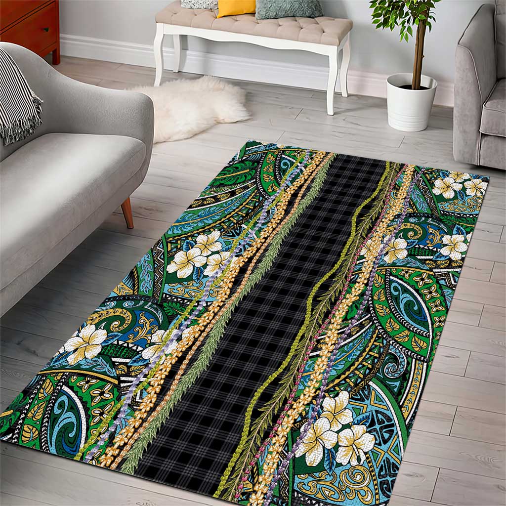 Hawaiian Art Flower Tribal with Lei Area Rug Palaka Pattern Black Color - Polynesian Pride
