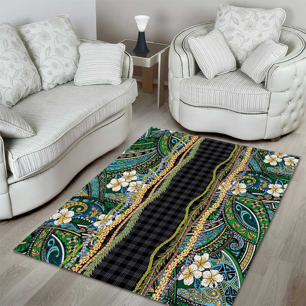 Hawaiian Art Flower Tribal with Lei Area Rug Palaka Pattern Black Color - Polynesian Pride