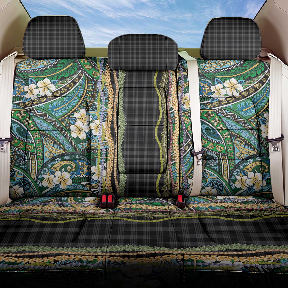 Hawaiian Art Flower Tribal with Lei Back Car Seat Cover Palaka Pattern Black Color LT03 One Size Black - Polynesian Pride