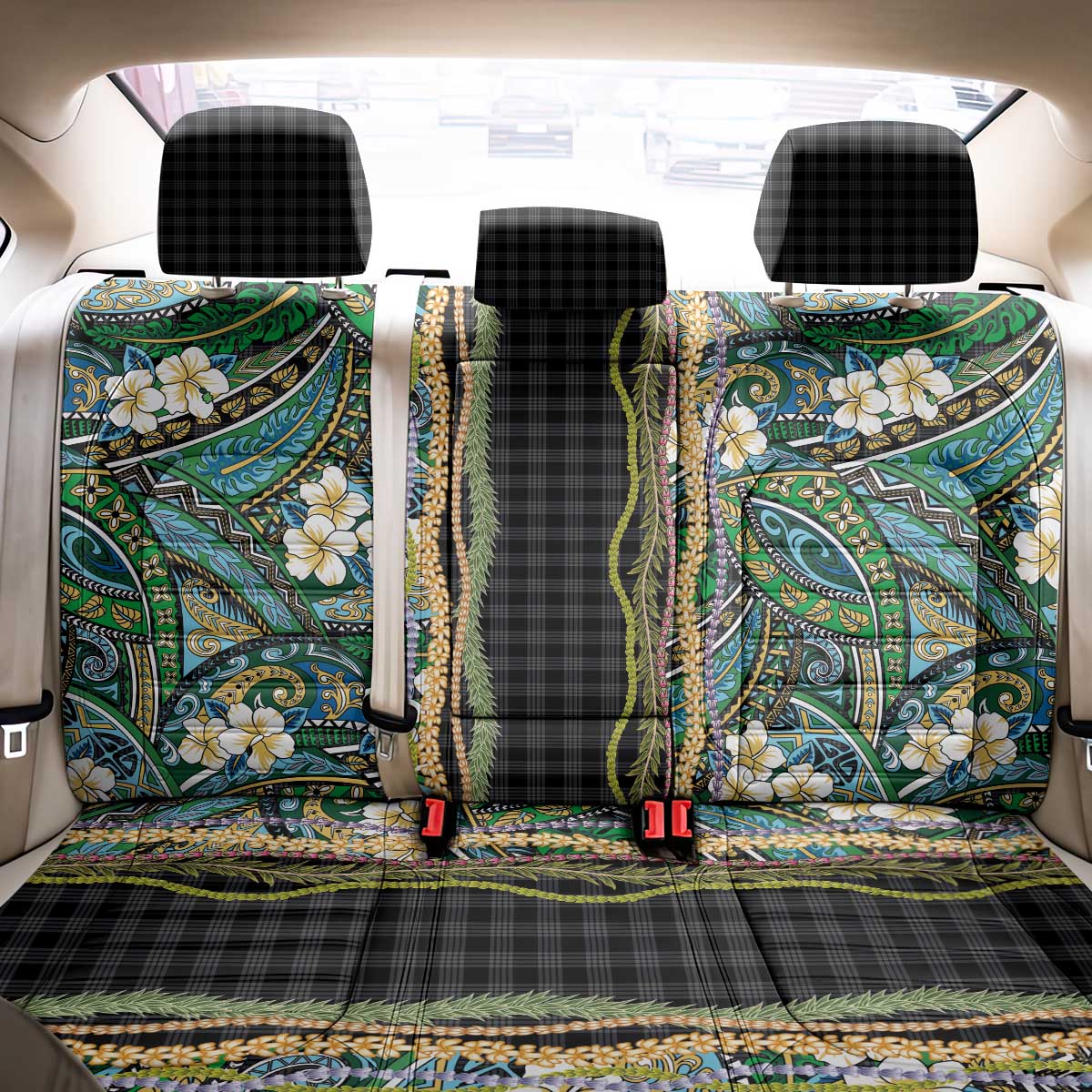 Hawaiian Art Flower Tribal with Lei Back Car Seat Cover Palaka Pattern Black Color LT03 - Polynesian Pride