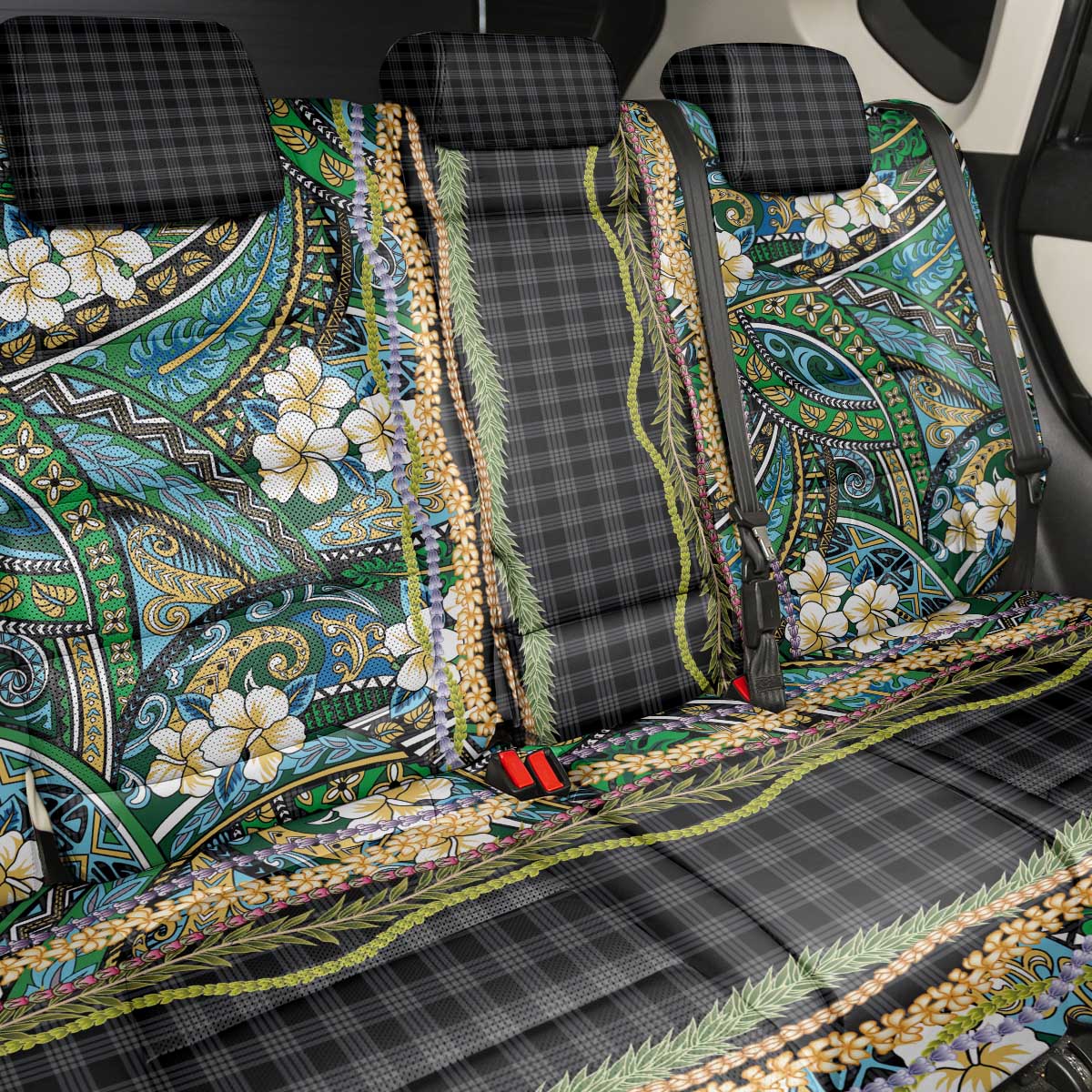 Hawaiian Art Flower Tribal with Lei Back Car Seat Cover Palaka Pattern Black Color LT03 - Polynesian Pride