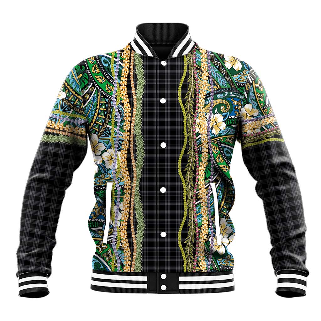 Hawaiian Art Flower Tribal with Lei Baseball Jacket Palaka Pattern Black Color LT03 Unisex Black - Polynesian Pride
