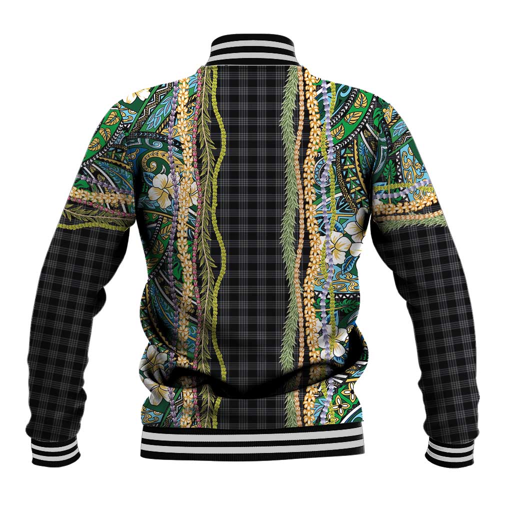 Hawaiian Art Flower Tribal with Lei Baseball Jacket Palaka Pattern Black Color LT03 - Polynesian Pride