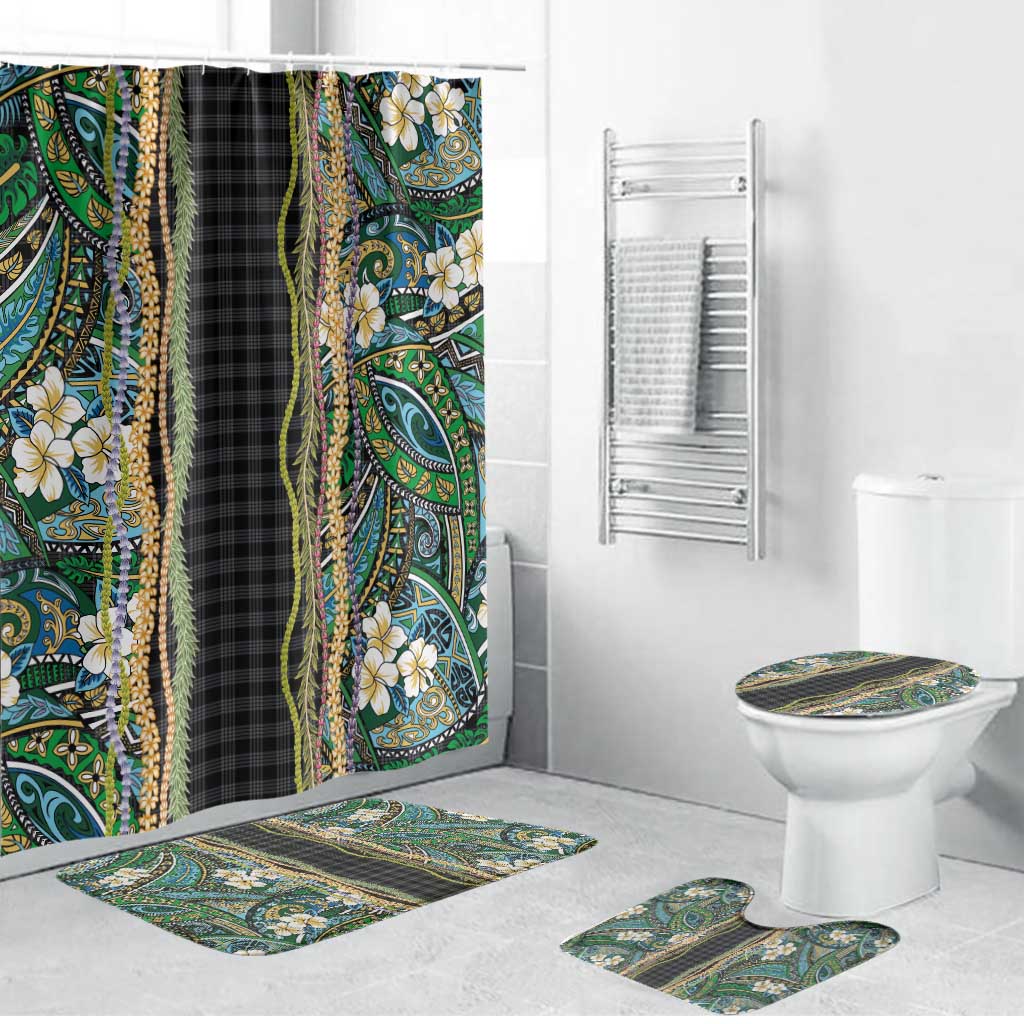 Hawaiian Art Flower Tribal with Lei Bathroom Set Palaka Pattern Black Color LT03 Bathroom Set (4 pcs) Black - Polynesian Pride