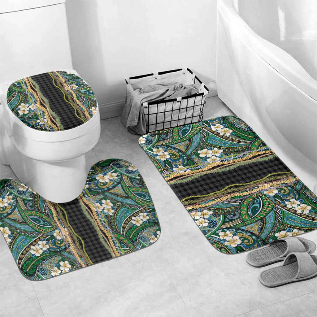 Hawaiian Art Flower Tribal with Lei Bathroom Set Palaka Pattern Black Color LT03 Mat Set Only (3 pcs) One Size Black - Polynesian Pride