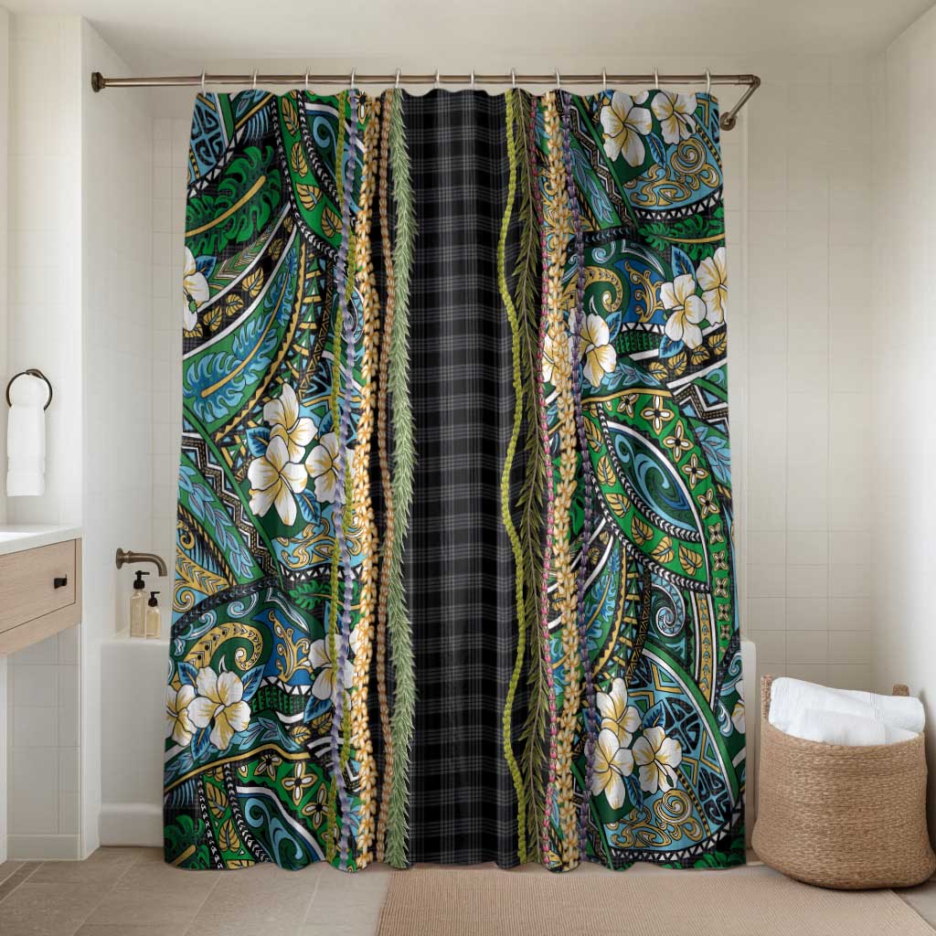 Hawaiian Art Flower Tribal with Lei Bathroom Set Palaka Pattern Black Color LT03 Shower Curtain Only Black - Polynesian Pride