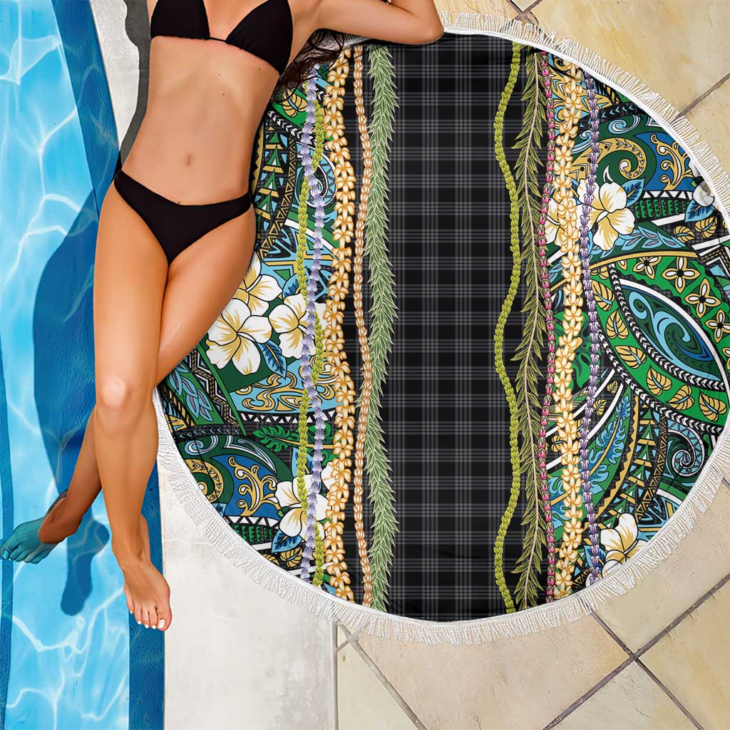Hawaiian Art Flower Tribal with Lei Beach Blanket Palaka Pattern Black Color - Polynesian Pride