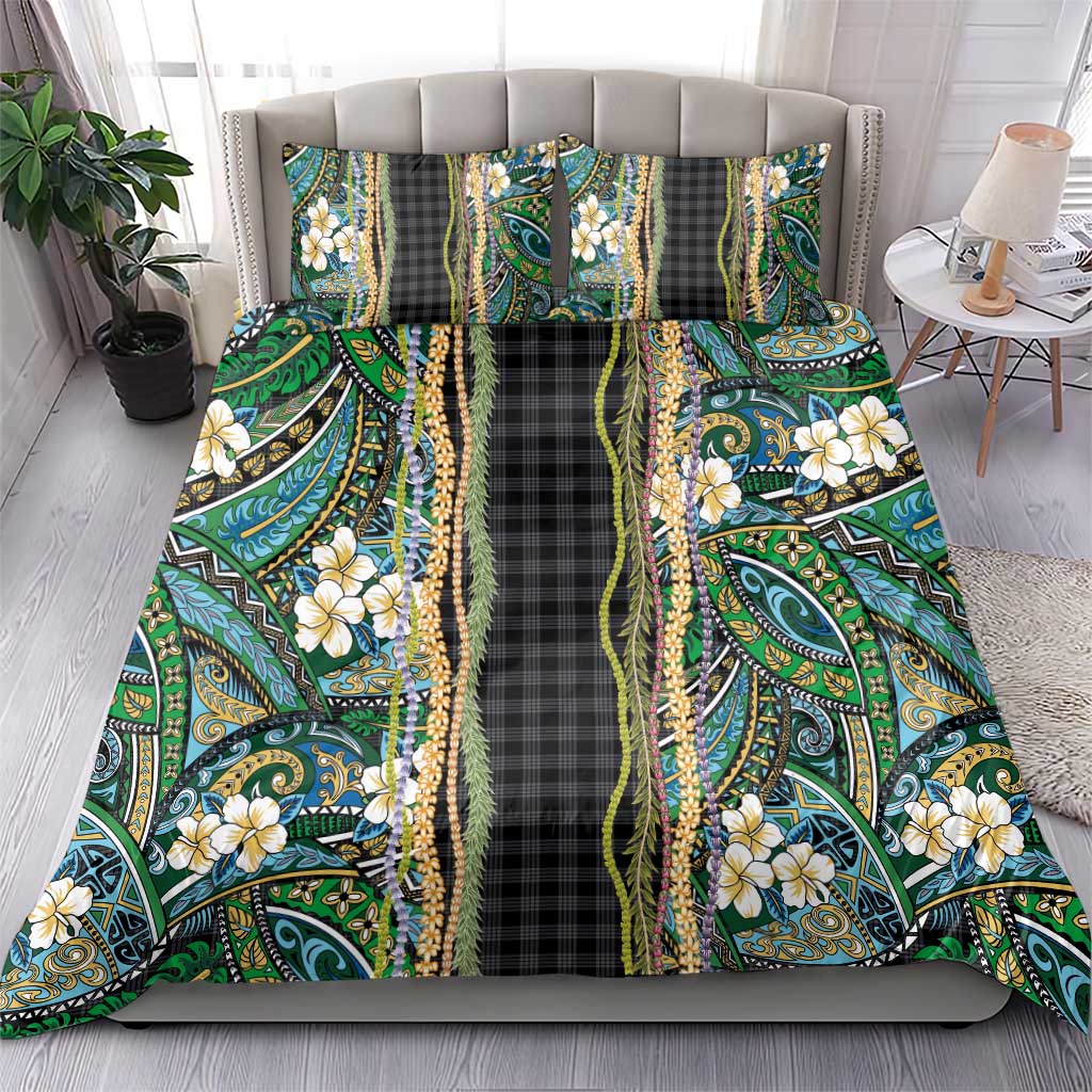Hawaiian Art Flower Tribal with Lei Bedding Set Palaka Pattern Black Color - Polynesian Pride