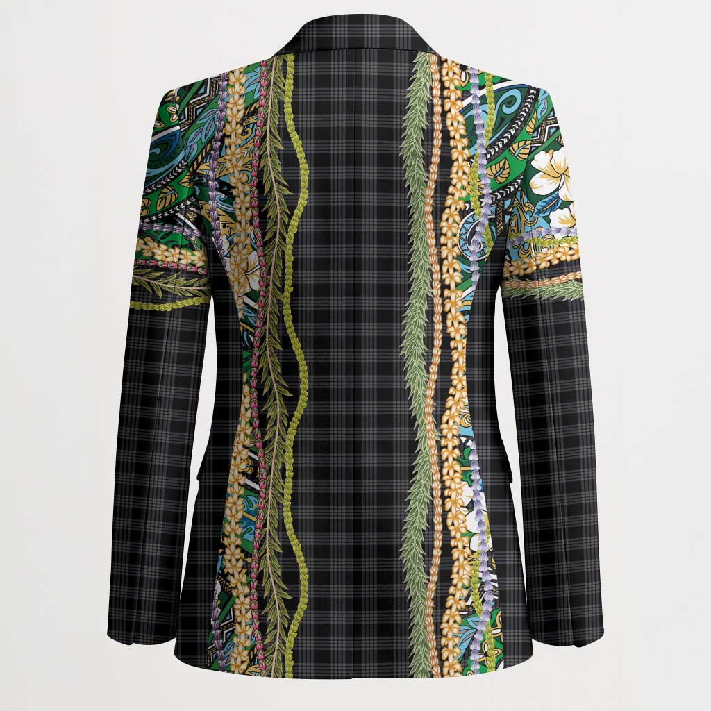 Hawaiian Art Flower Tribal with Lei Blazer Palaka Pattern Black Color - Polynesian Pride