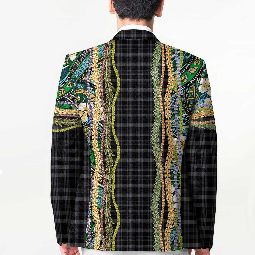 Hawaiian Art Flower Tribal with Lei Blazer Palaka Pattern Black Color - Polynesian Pride